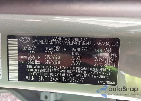 2022 Hyundai Santa Cruz Sel из США, поврежденный, VIN 5NTJB4AE1NH037327